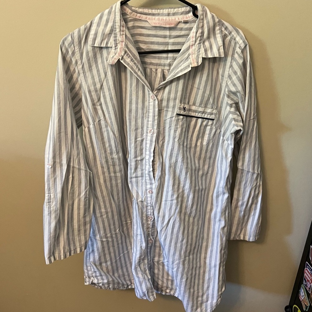 Blue striped sleep button down lounge shirt
